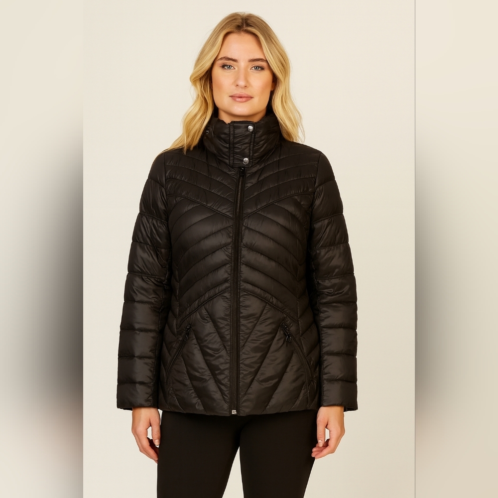 Bernardo Quilted Down Puffer Jacket Black Size L Lightweight Hoodie